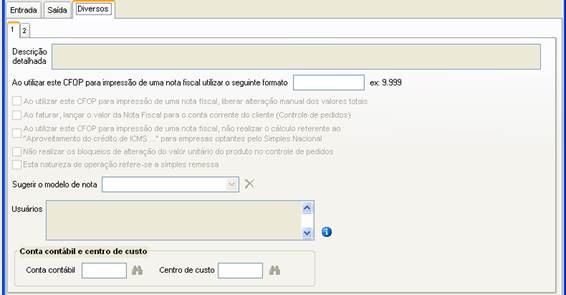 Como cadastrar um novo CFOP de Venda de Produtos. Figura 10. Sensum NXS, Cadastro de CFOP, aba Diversos 1