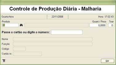 Controle de produção diária de malharia. Ao acessar o módulo, a seguinte tela é apresentada: Controle de Produção Diária - Malharia.