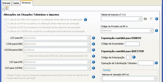 Como cadastrar um novo CFOP de Venda de Produtos. Figura 11. Sensum NXS, Cadastro de CFOP, aba Diversos 2