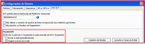 Como enviar um orçamento por e-mail. Figura 10. Configurações do sistema, aba PAF-ECF.