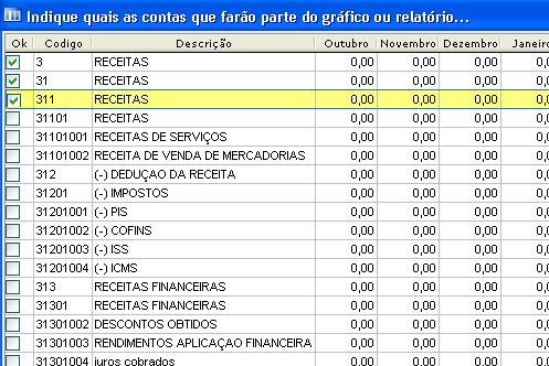 Evolução mensal das contas. Selecionar Contas: Selecionar a(s) conta(s) desejada(s) para fins de impressão do relatório, conforme tela abaixo: