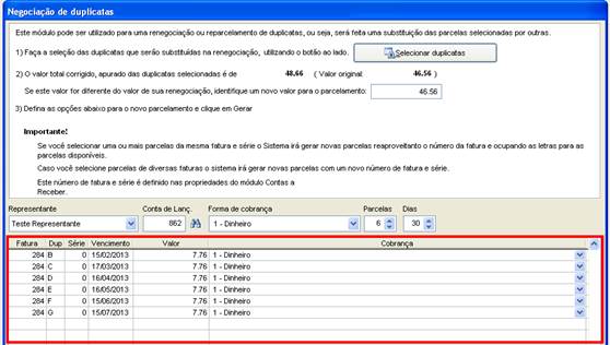 Como conceder desconto a uma Duplicata. Figura 11. Sensum NXS, Negociação de Duplicatas ? Grade de Parcelamentos.