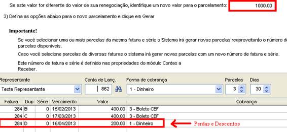 Como conceder desconto a uma Duplicata. Figura 12. Sensum NXS, Negociação de Duplicatas, Lançar C/C de Perdas e Descontos.
