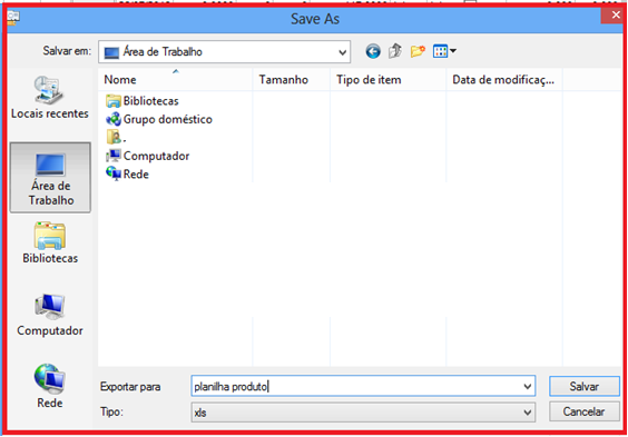 Como gerar relatório de produtos contendo itens como NCM, IPI e exportar para o Excel. Figura 13, Tela para salvar a planilha do Excel.