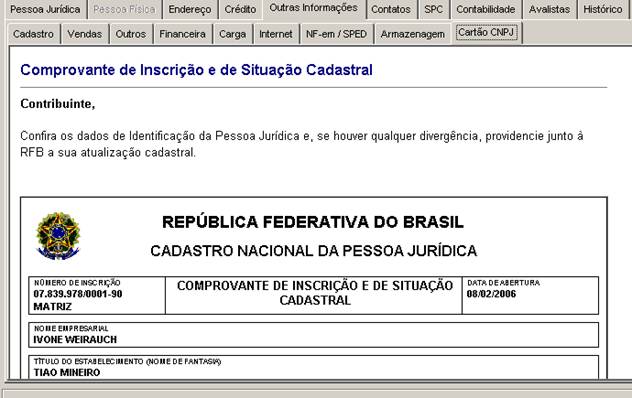 Cadastro de clientes: aba Pessoa Jurídica/Física. Ao selecionar o tipo de Pessoa Jurídica, será apresentada a tela de consulta da receita federal.