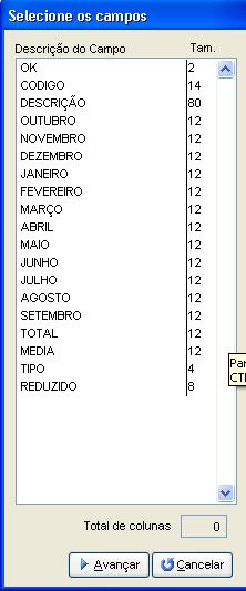 Evolução mensal das contas. Após Selecionar as contas, poderão ser escolhidos os campos a serem impressos, conforme abaixo: