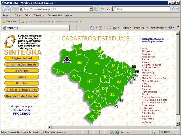 Cadastro de clientes: aba Pessoa Jurídica/Física. Ao clicar no botão, é aberto o browser no site do sintegra conforme imagem abaixo: