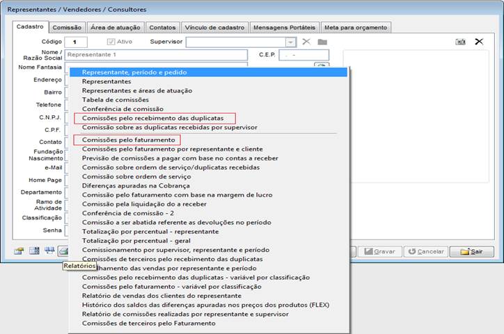 Figura 29 - Relatórios de comissão no cadastro do representante